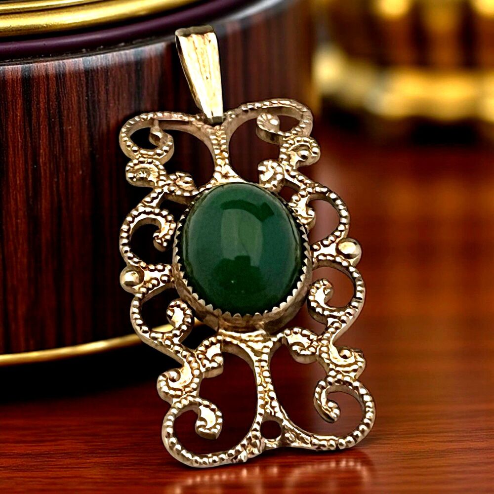 Vintage 1950s Pendant Green Cabochon Gold Filled Art Nouveau Revival - 7S